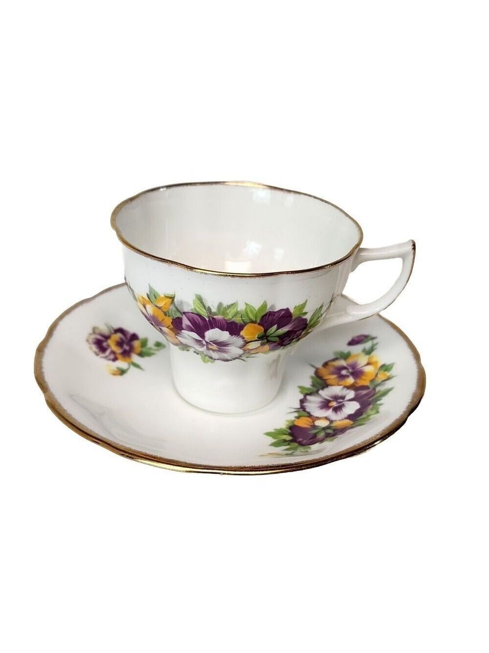 Vtg Jason Bone China England Tea Cup Saucer Pansies Violas Yellow Purple Flowers